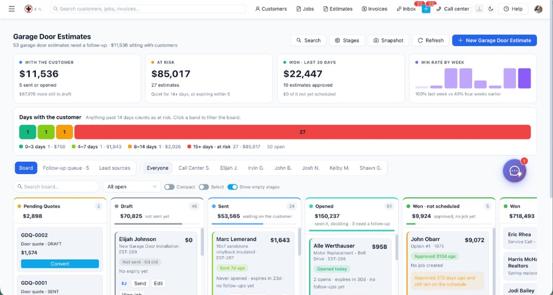 ServiceFlow estimates list with line items ready to send