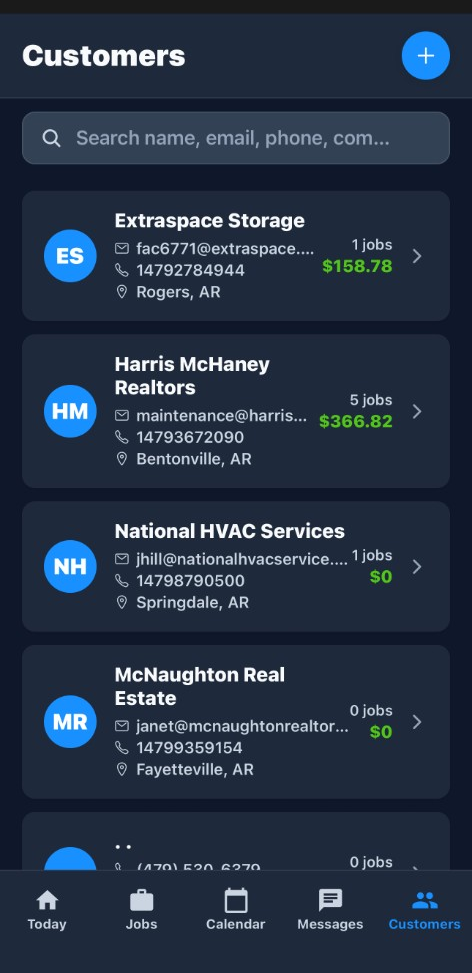 ServiceFlow customer list on the mobile app