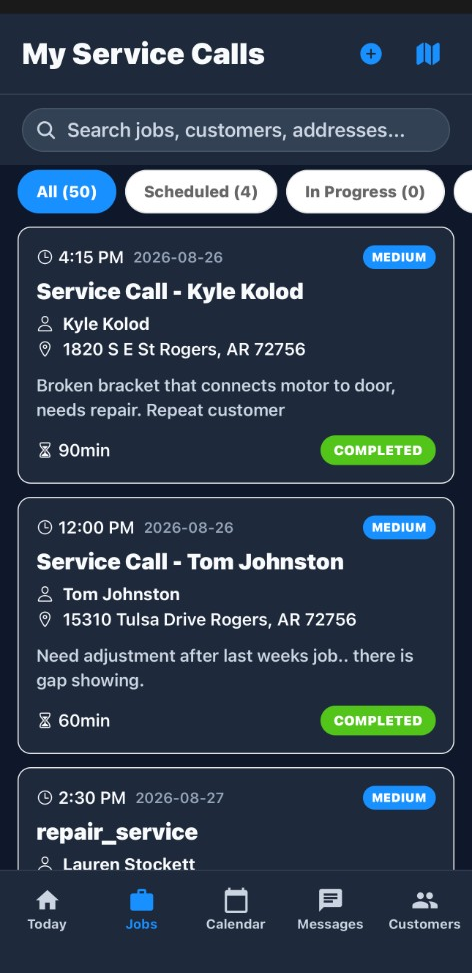 ServiceFlow mobile job screen with status, notes, and the service address