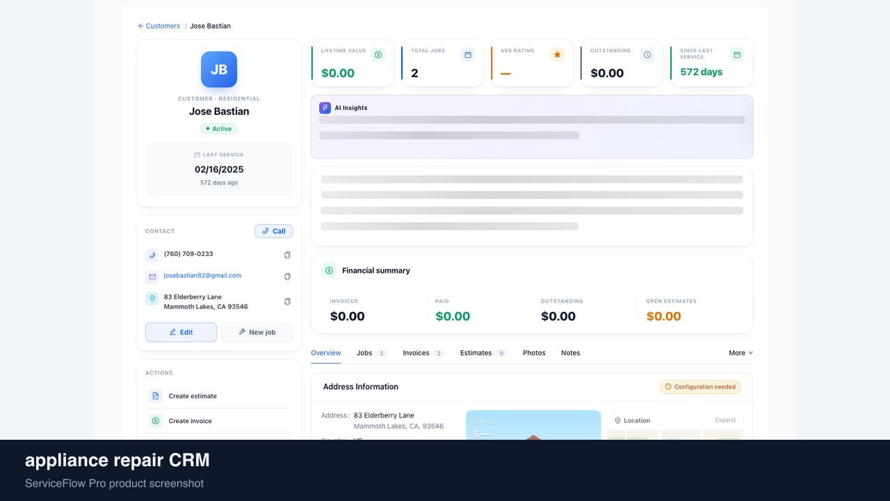 appliance repair CRM in ServiceFlow Pro — a technician checking a customer record with a homeowner for Appliance Repair