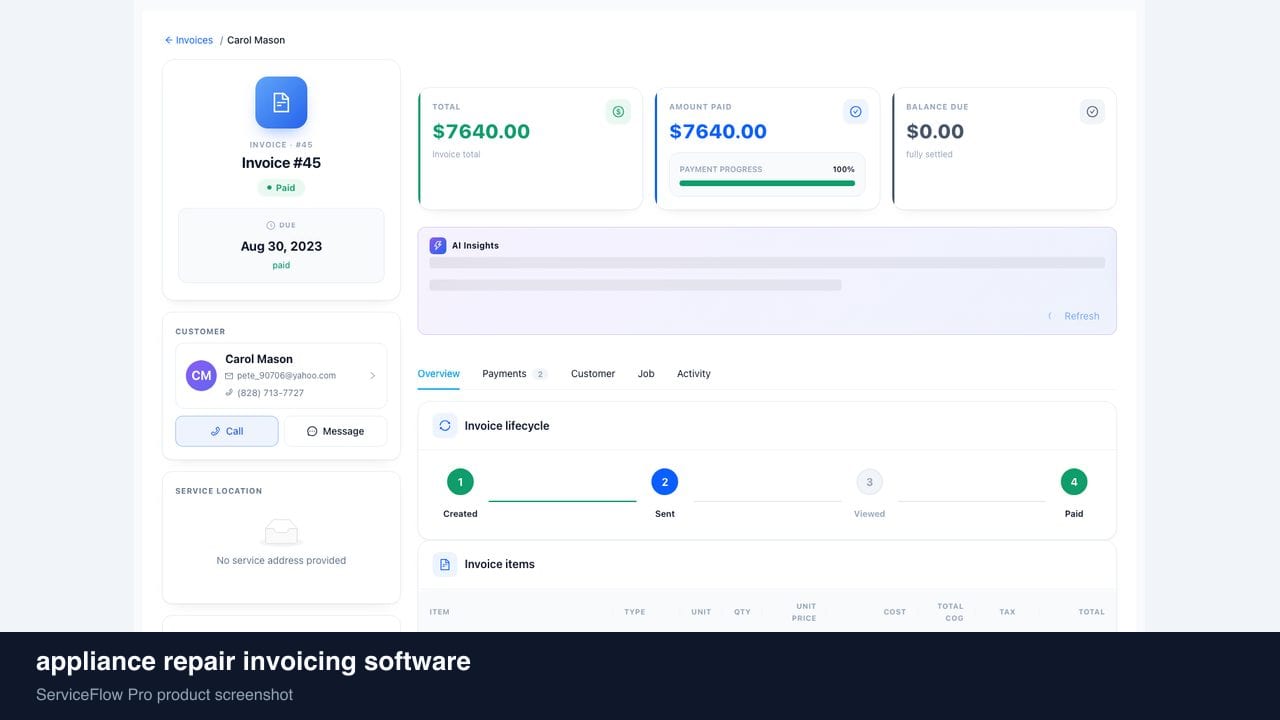 appliance repair invoicing software in ServiceFlow Pro — collecting payment on a tablet at the door for Appliance Repair