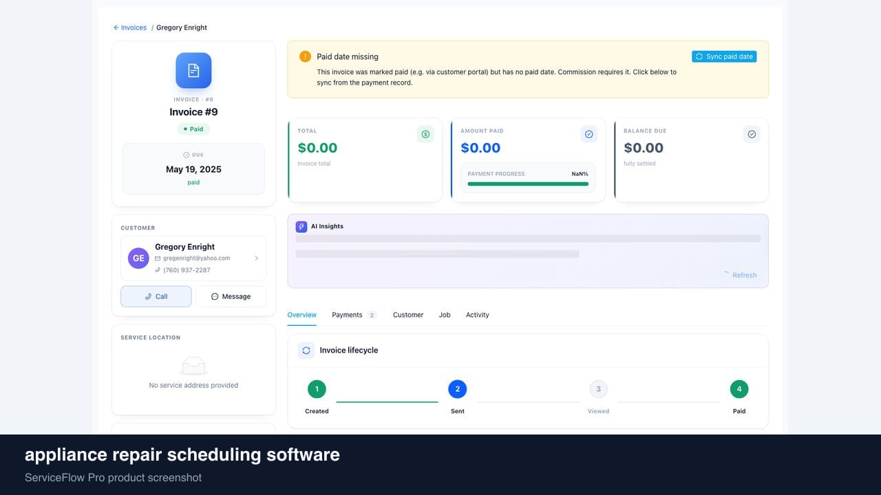 appliance repair scheduling software in ServiceFlow Pro — a dispatcher at a live job board for Appliance Repair