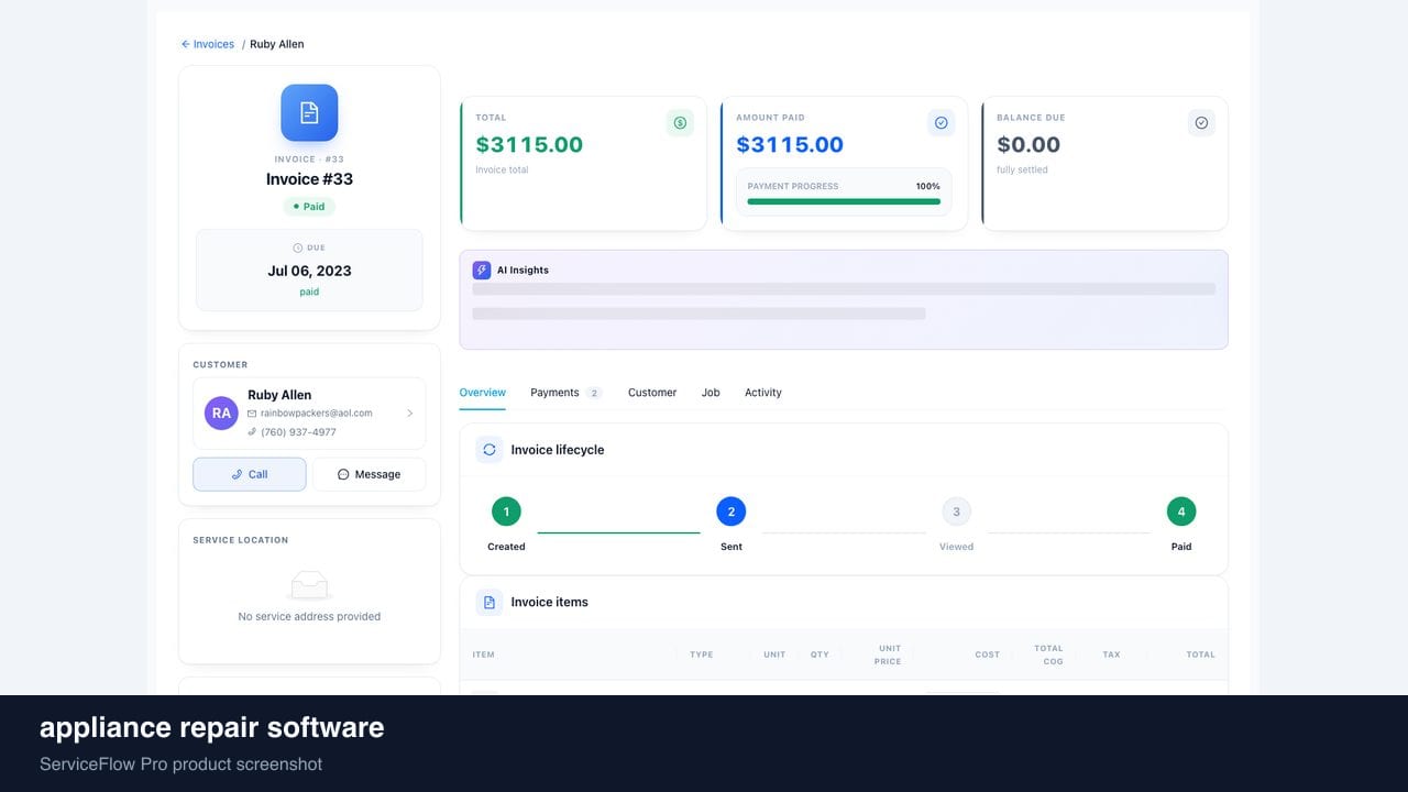 appliance repair software in ServiceFlow Pro — a dispatcher at a live job board for Appliance Repair