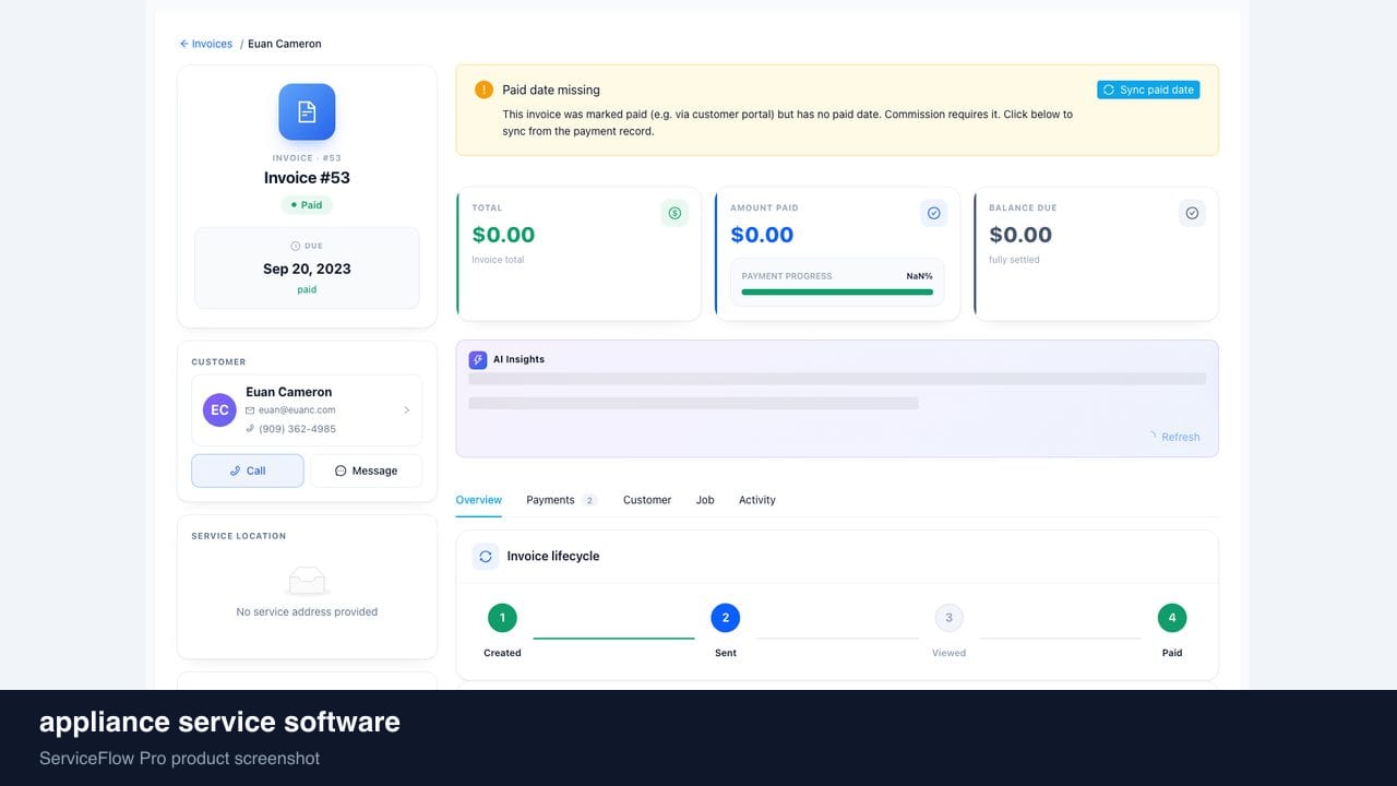 appliance service software in ServiceFlow Pro — a dispatcher at a live job board for Appliance Repair