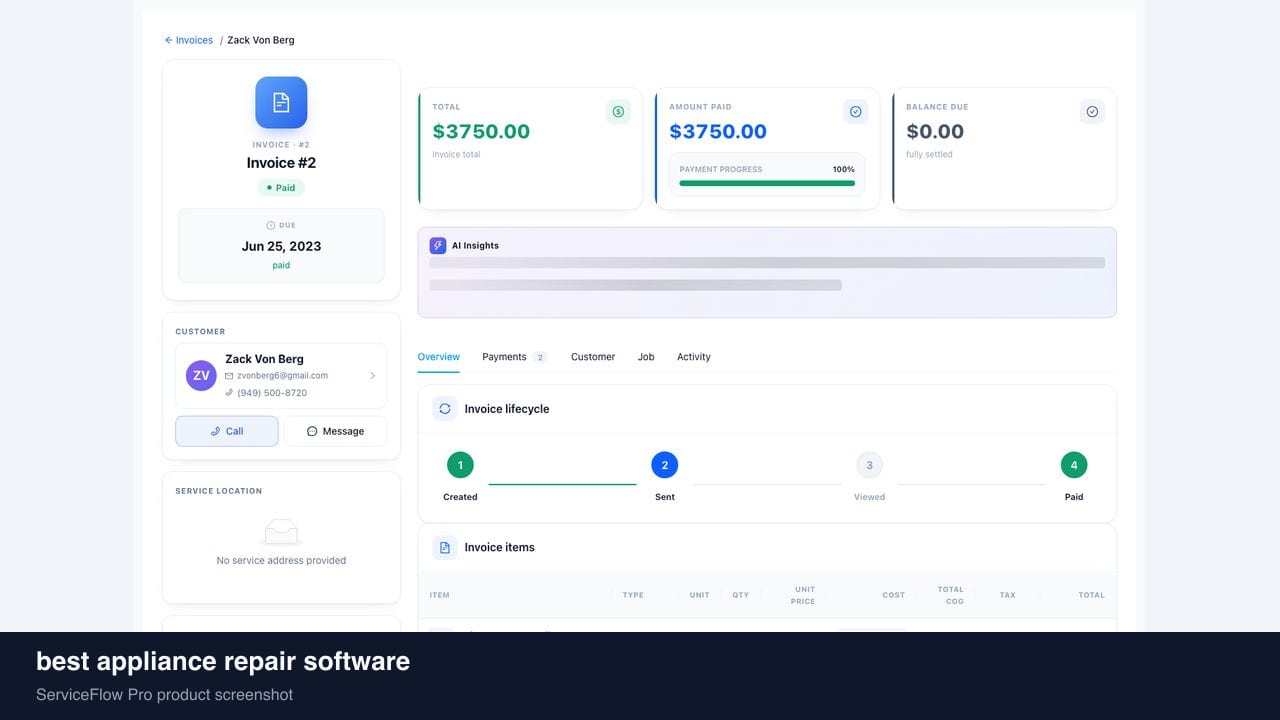 best appliance repair software in ServiceFlow Pro — an ops manager reviewing job analytics for Appliance Repair