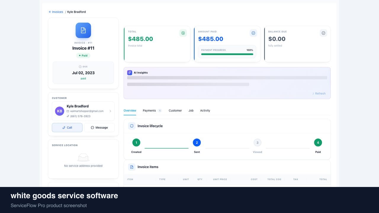 white goods service software in ServiceFlow Pro — a dispatcher at a live job board for Appliance Repair