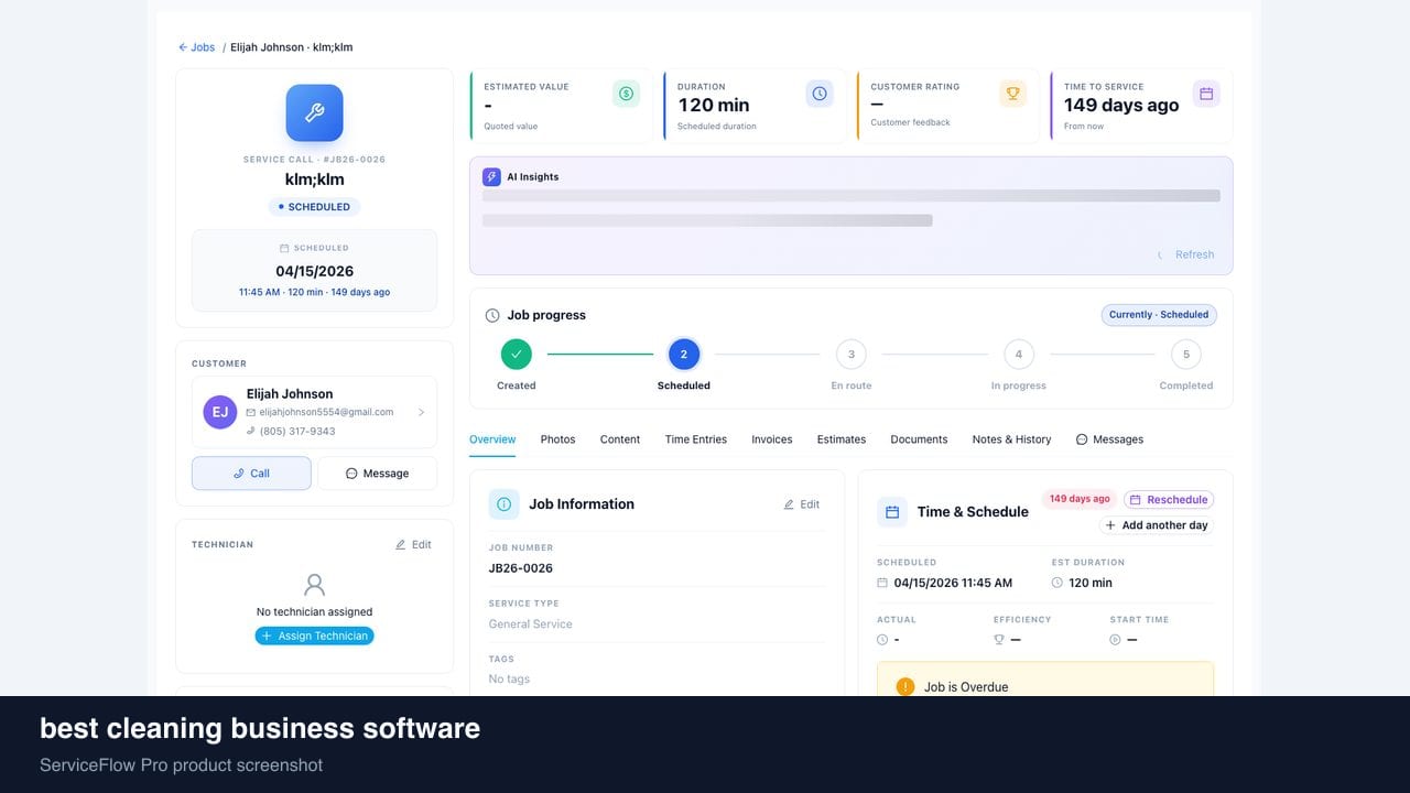best cleaning business software in ServiceFlow Pro — an ops manager reviewing job analytics for Cleaning Services