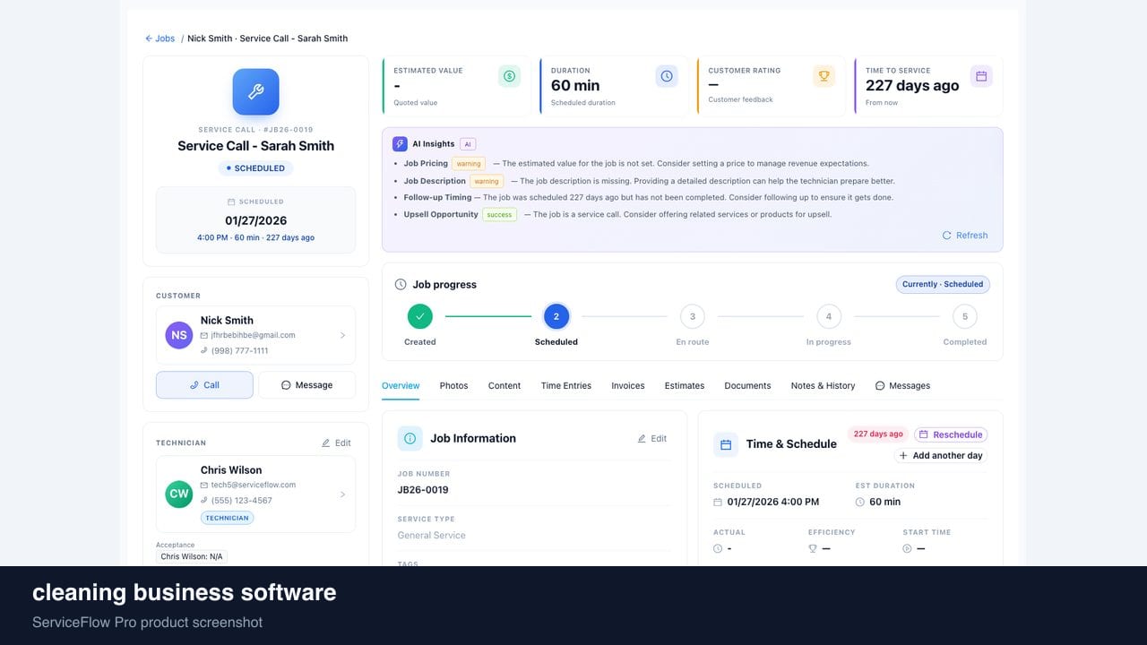 cleaning business software in ServiceFlow Pro — an ops manager reviewing job analytics for Cleaning Services