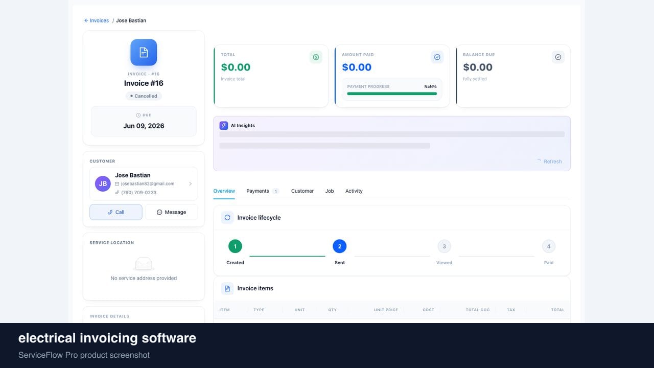 electrical invoicing software in ServiceFlow Pro — collecting payment on a tablet at the door for Electrical Services