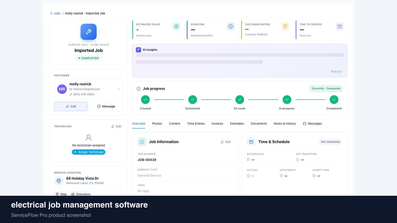electrical job management software in ServiceFlow Pro — an ops manager reviewing job analytics for Electrical Services