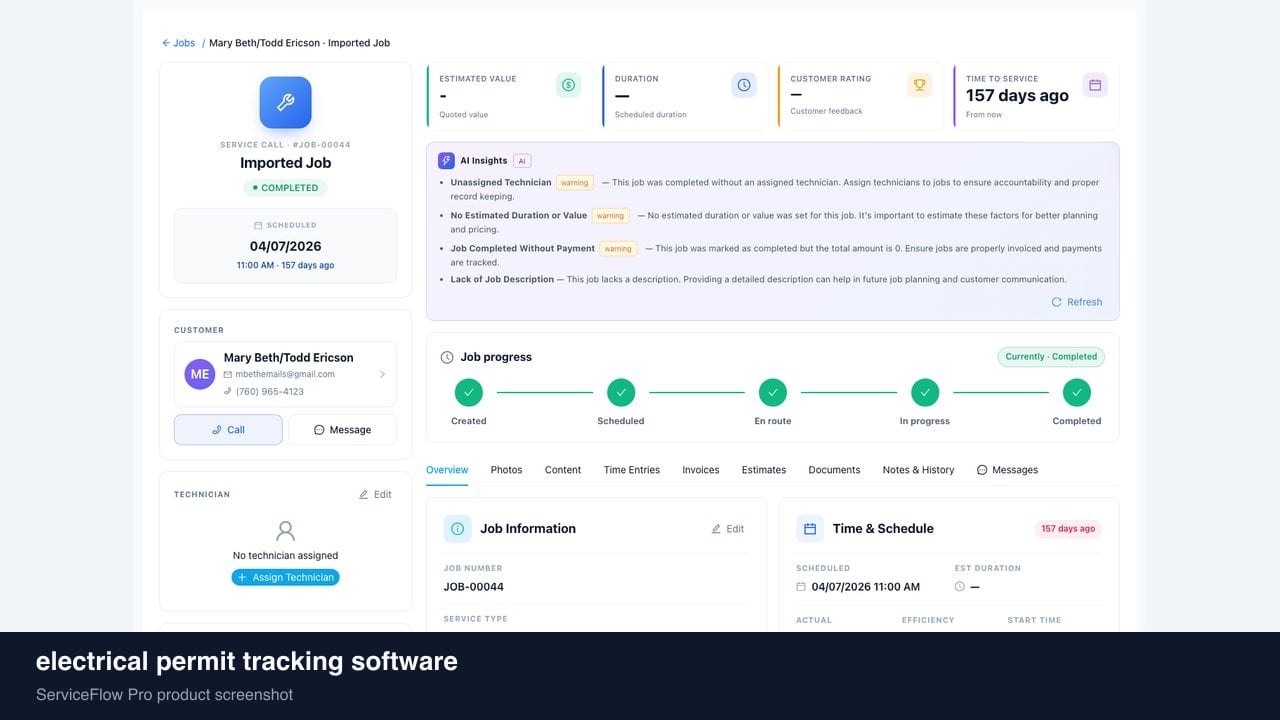 electrical permit tracking software in ServiceFlow Pro — a weekly route calendar on a van dashboard for Electrical Services