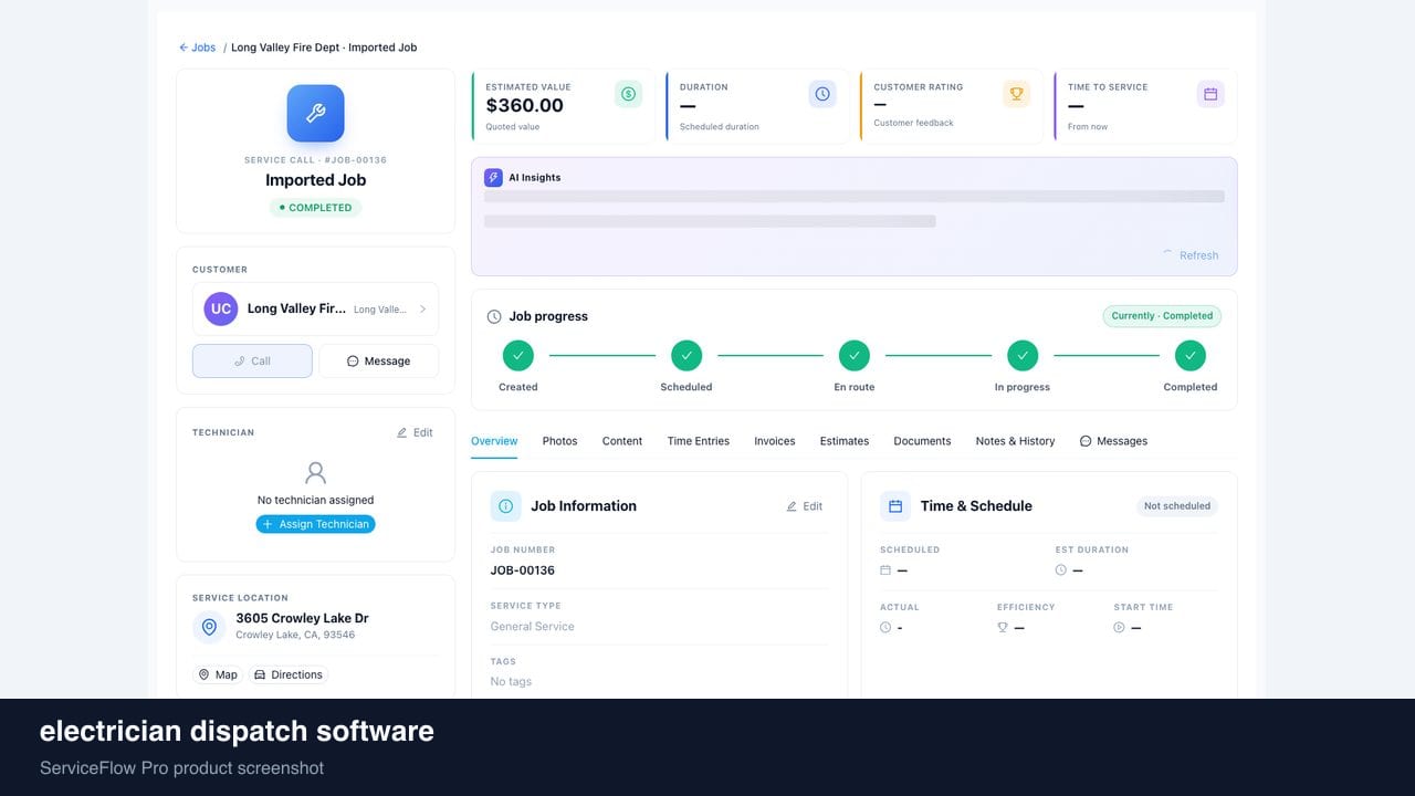 electrician dispatch software in ServiceFlow Pro — a dispatcher at a live job board for Electrical Services