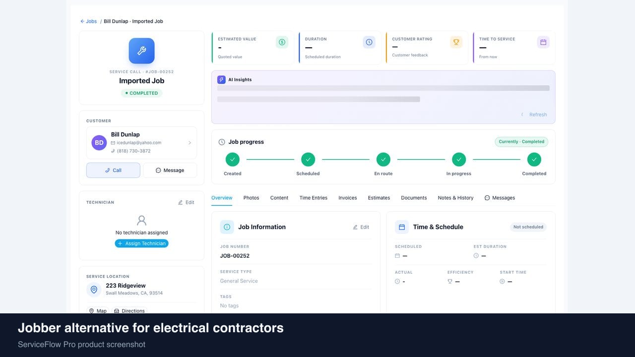 Jobber alternative for electrical contractors in ServiceFlow Pro — owners comparing field service software options for Electrical Services
