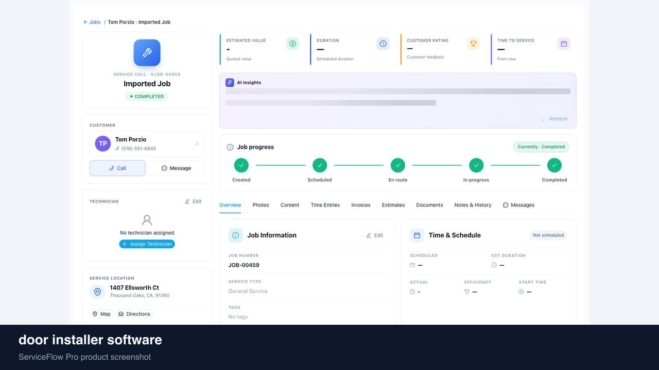 door installer software in ServiceFlow Pro — a dispatcher at a live job board for Garage Door Services