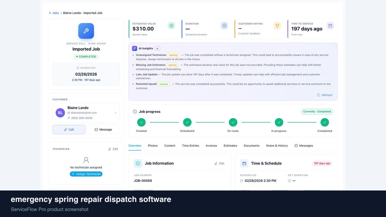 emergency spring repair dispatch software in ServiceFlow Pro — a technician walking from a service van to a house for Garage Door Services