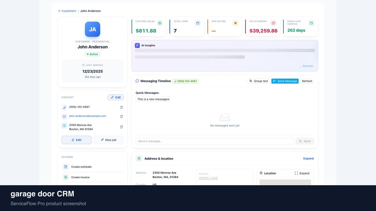 garage door CRM in ServiceFlow Pro — a homeowner checking job status on a laptop for Garage Door Services
