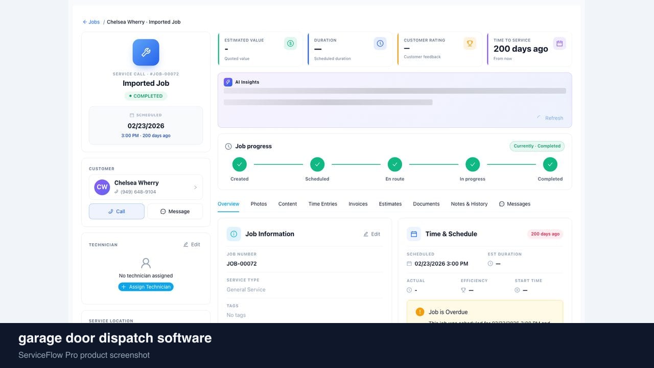 garage door dispatch software in ServiceFlow Pro — a dispatcher at a live job board for Garage Door Services