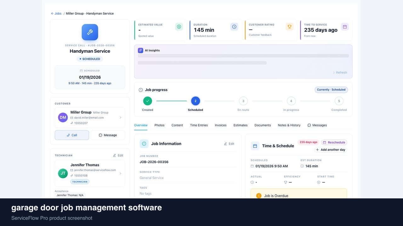 garage door job management software in ServiceFlow Pro — an ops manager reviewing job analytics for Garage Door Services