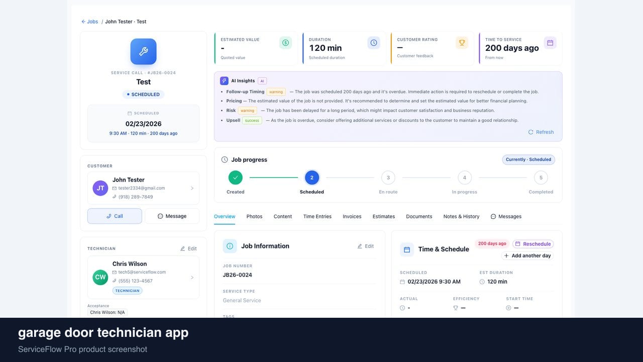 garage door technician app in ServiceFlow Pro — a technician reviewing jobs on a phone in the van for Garage Door Services