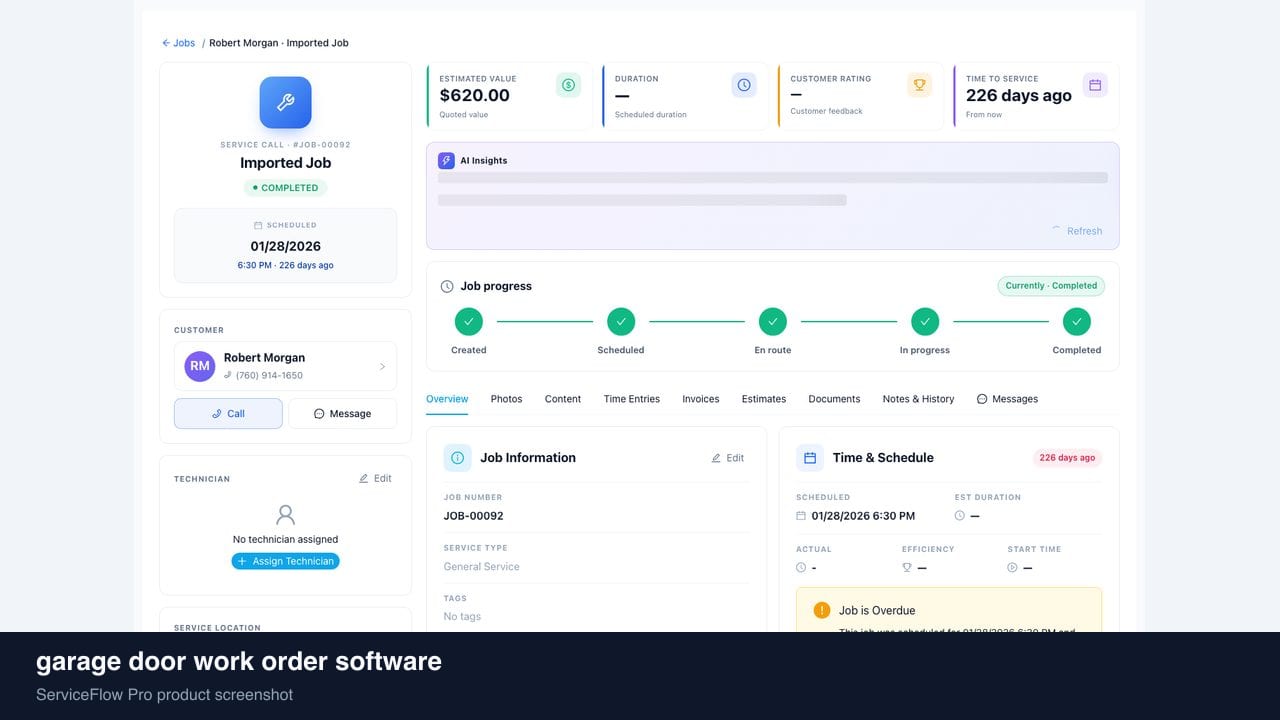 garage door work order software in ServiceFlow Pro — an ops manager reviewing job analytics for Garage Door Services