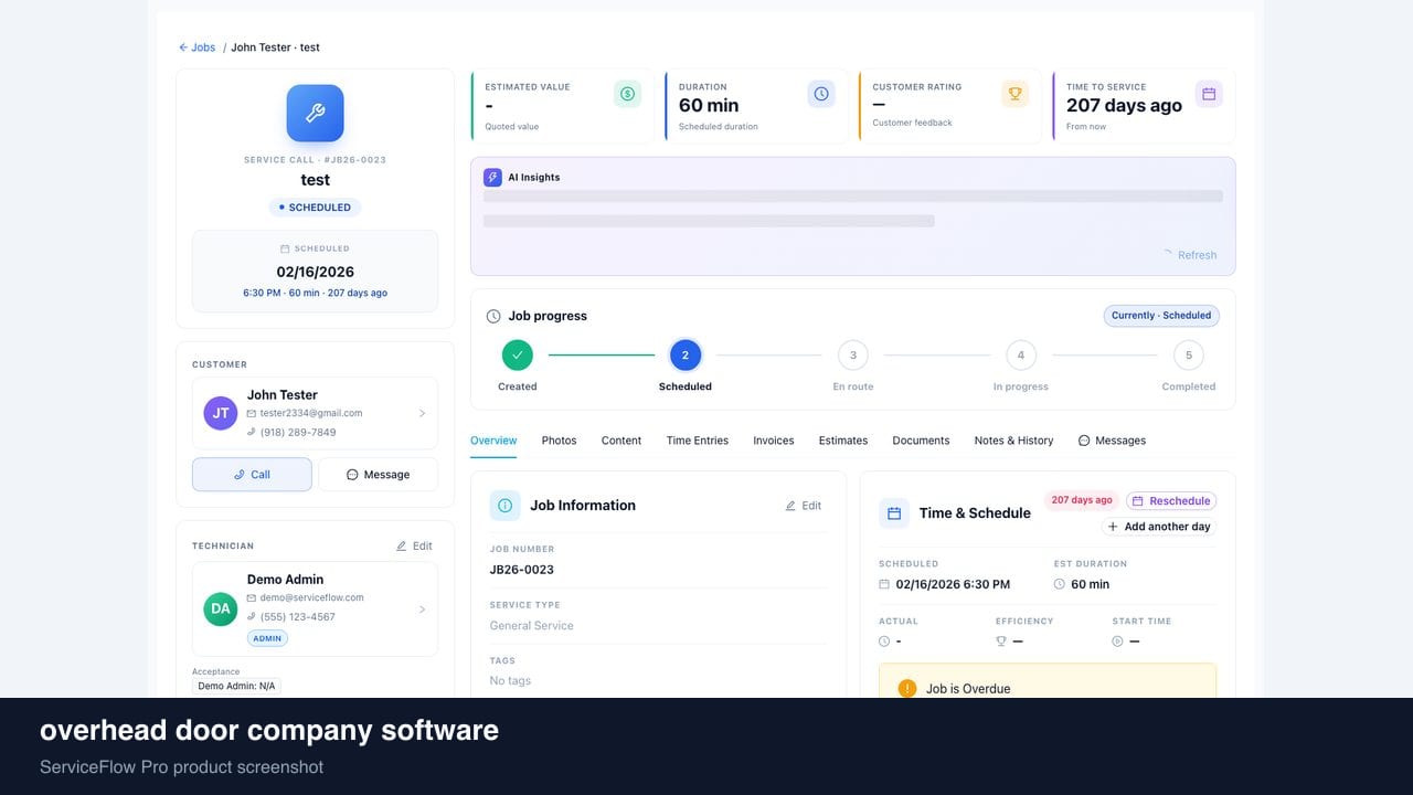 overhead door company software in ServiceFlow Pro — a dispatcher at a live job board for Garage Door Services
