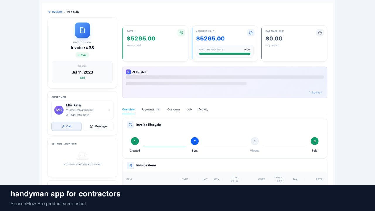 handyman app for contractors in ServiceFlow Pro — a technician reviewing jobs on a phone in the van for Handyman Services