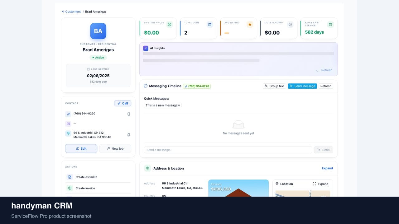 handyman CRM in ServiceFlow Pro — a homeowner checking job status on a laptop for Handyman Services