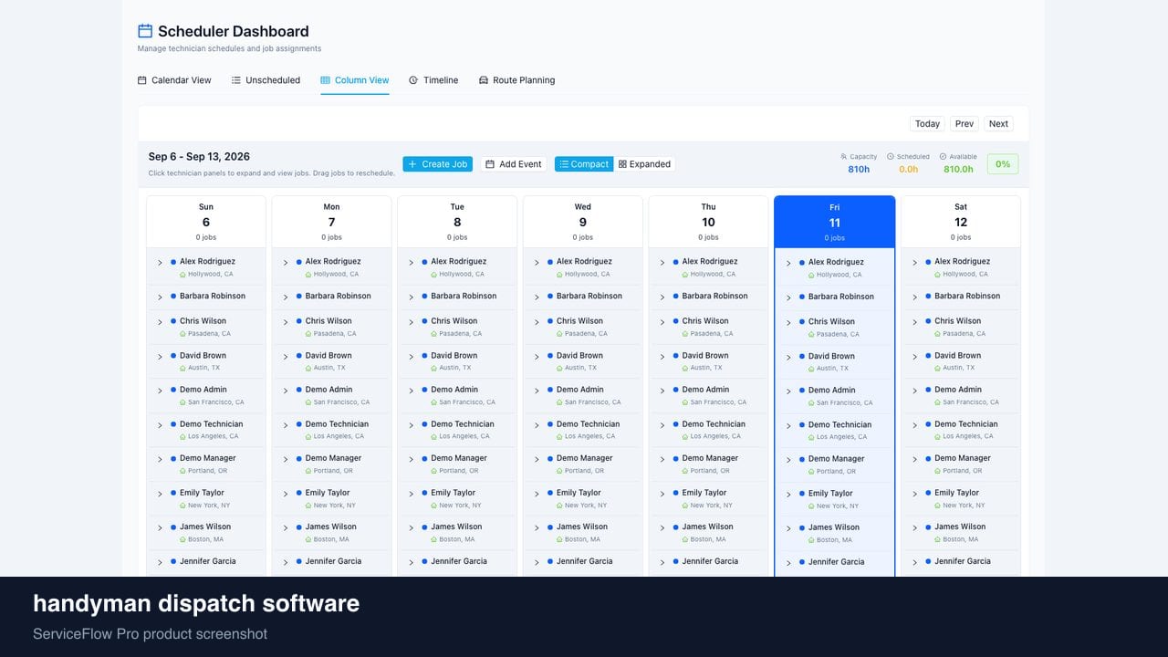 handyman dispatch software in ServiceFlow Pro — a dispatcher at a live job board for Handyman Services