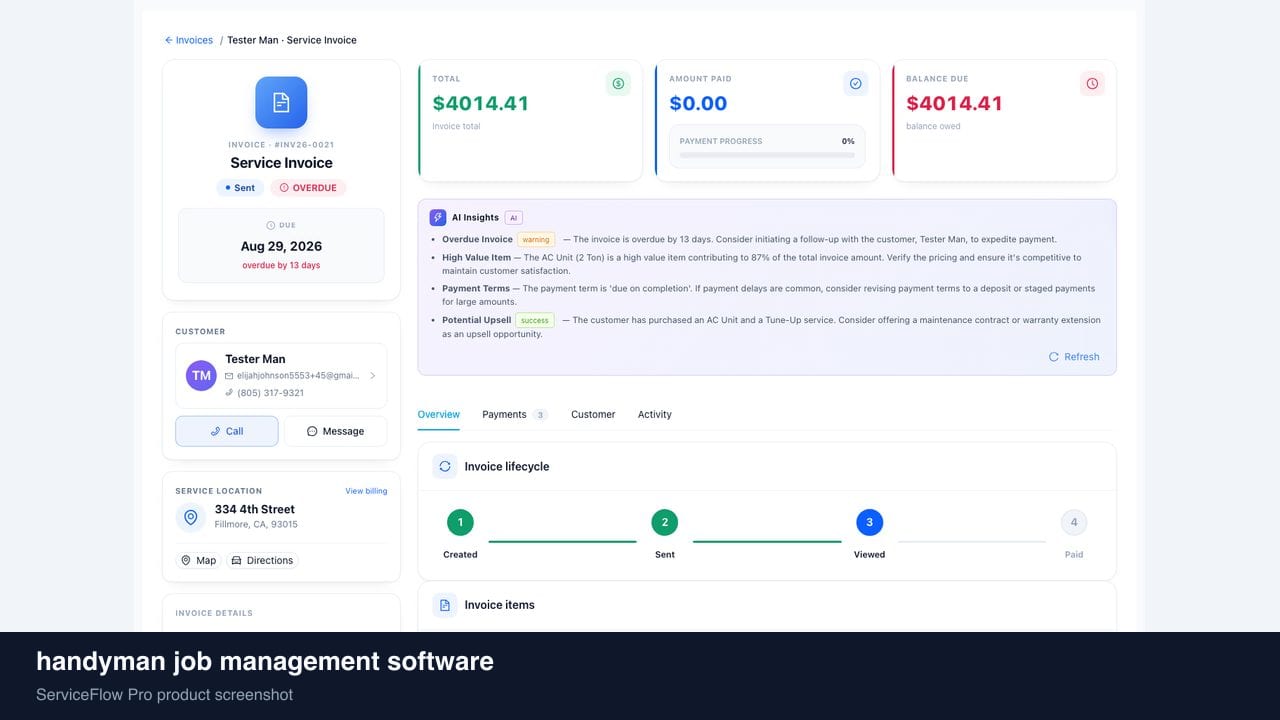 handyman job management software in ServiceFlow Pro — an ops manager reviewing job analytics for Handyman Services