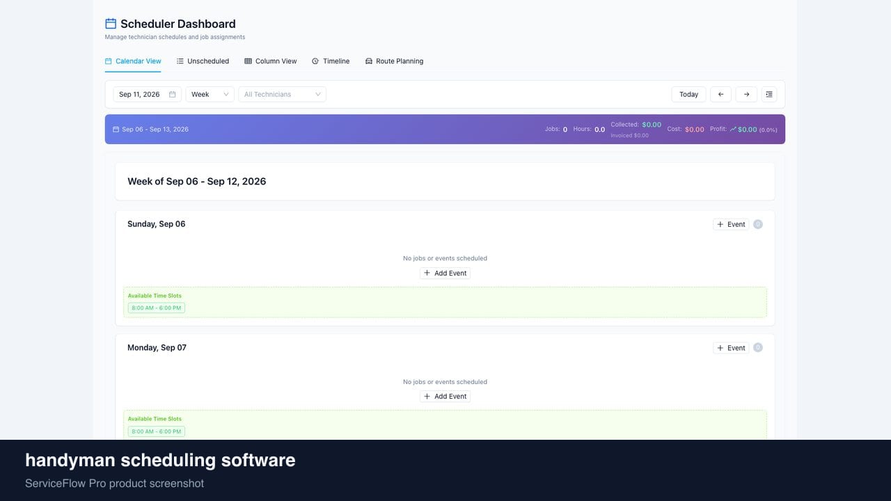 handyman scheduling software in ServiceFlow Pro — a dispatcher at a live job board for Handyman Services