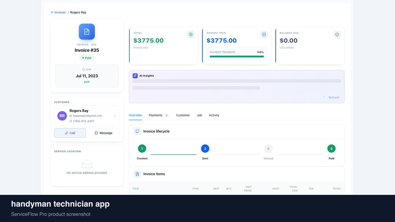 handyman technician app in ServiceFlow Pro — a technician reviewing jobs on a phone in the van for Handyman Services