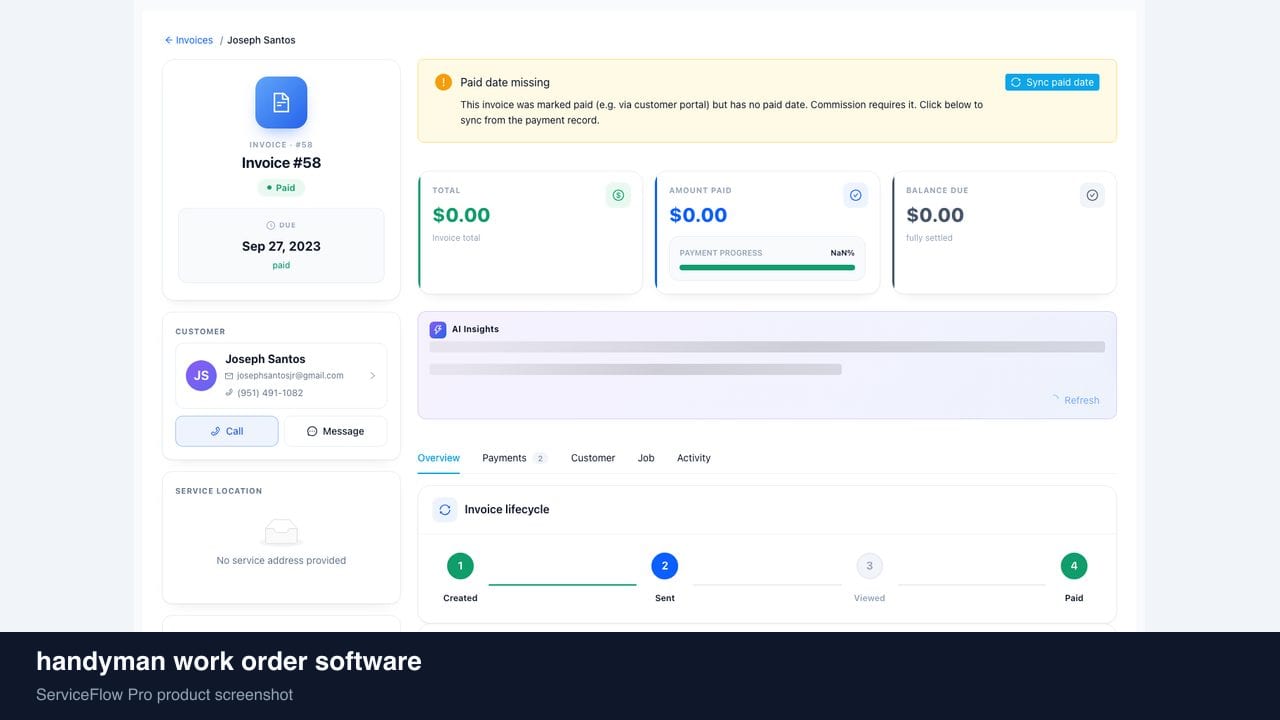 handyman work order software in ServiceFlow Pro — an ops manager reviewing job analytics for Handyman Services