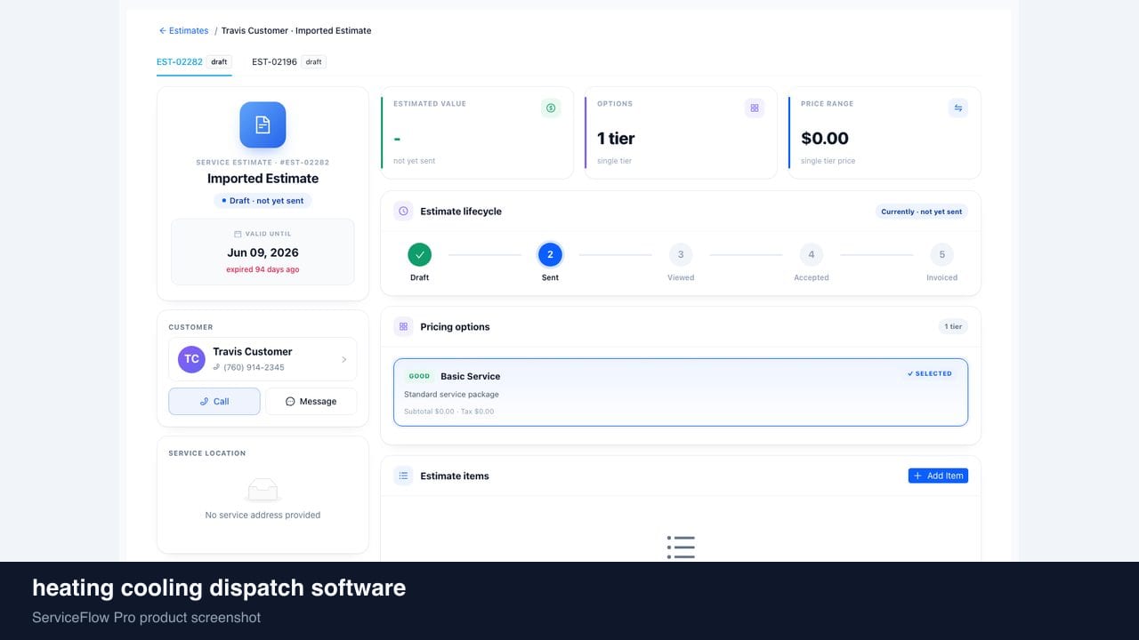 heating cooling dispatch software in ServiceFlow Pro — a dispatcher at a live job board for HVAC Dispatch