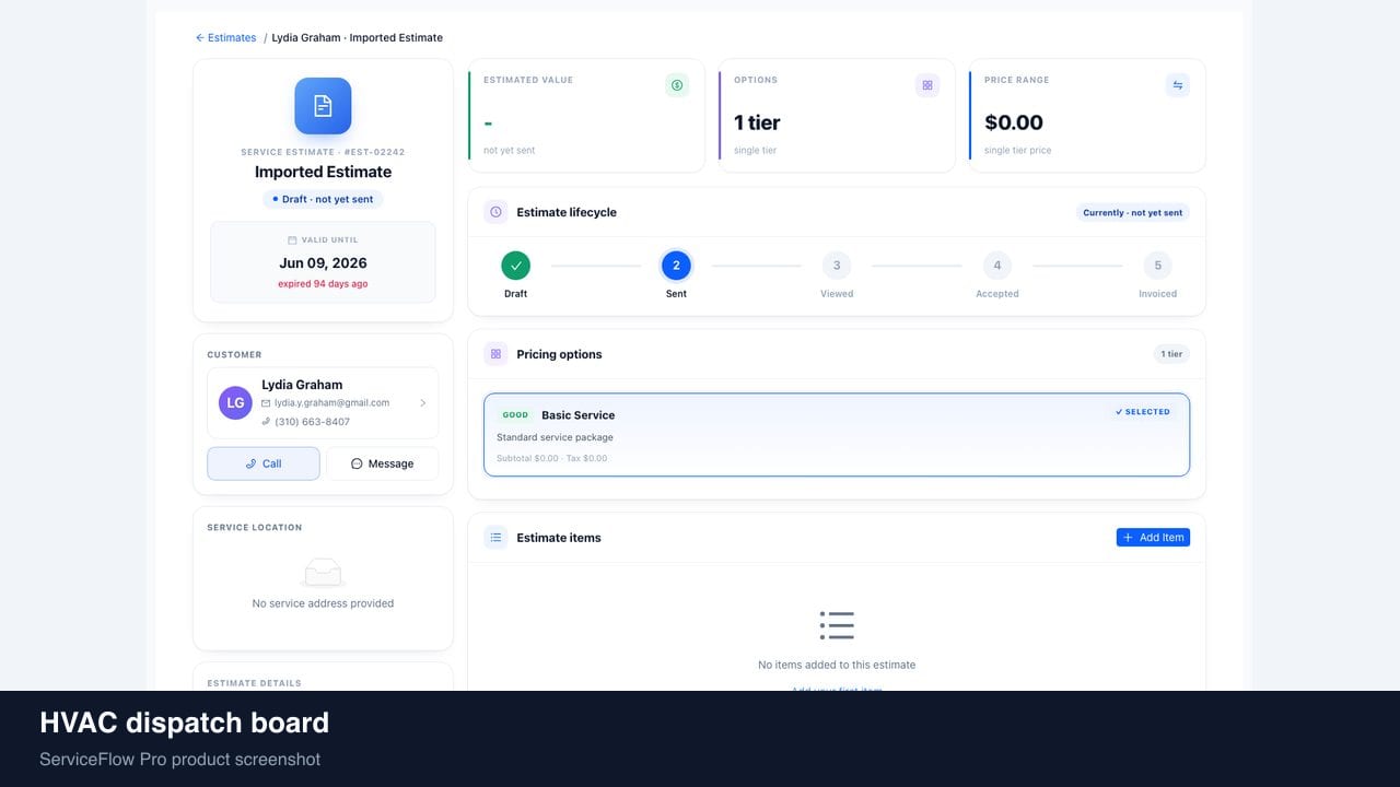 HVAC dispatch board in ServiceFlow Pro — a dispatcher at a live job board for HVAC Dispatch