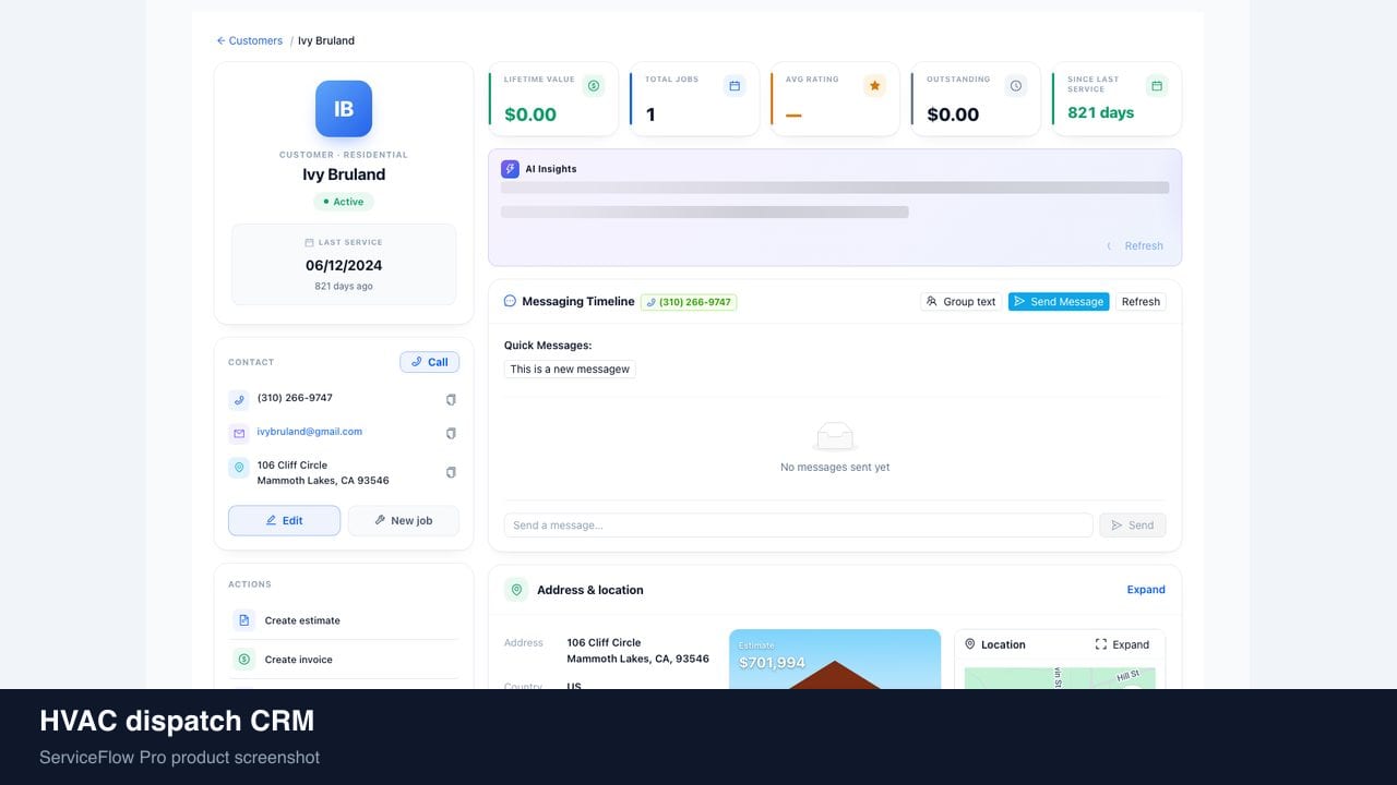 HVAC dispatch CRM in ServiceFlow Pro — a homeowner checking job status on a laptop for HVAC Dispatch