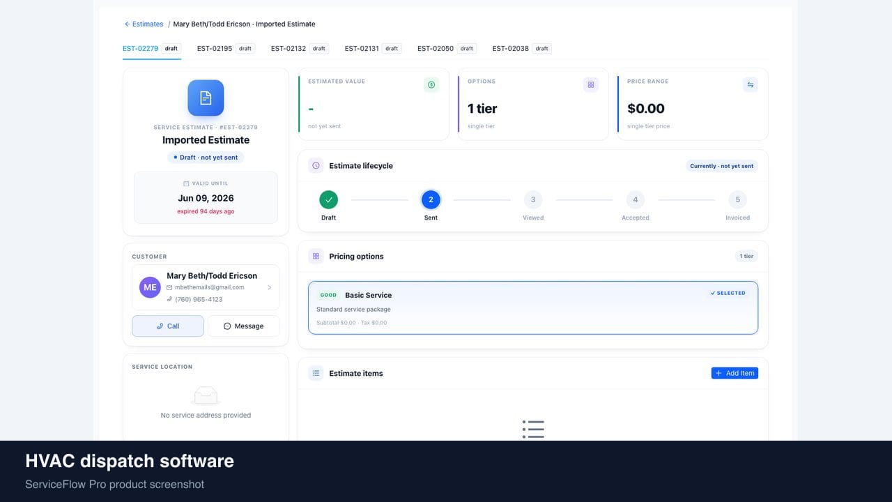 HVAC dispatch software in ServiceFlow Pro — a dispatcher at a live job board for HVAC Dispatch