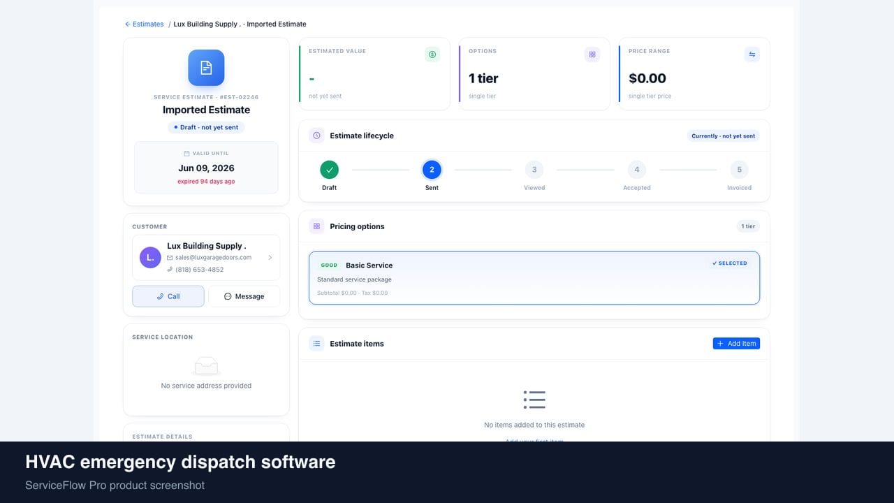 HVAC emergency dispatch software in ServiceFlow Pro — a technician walking from a service van to a house for HVAC Dispatch