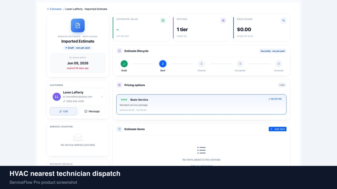HVAC nearest technician dispatch in ServiceFlow Pro — a technician walking from a service van to a house for HVAC Dispatch