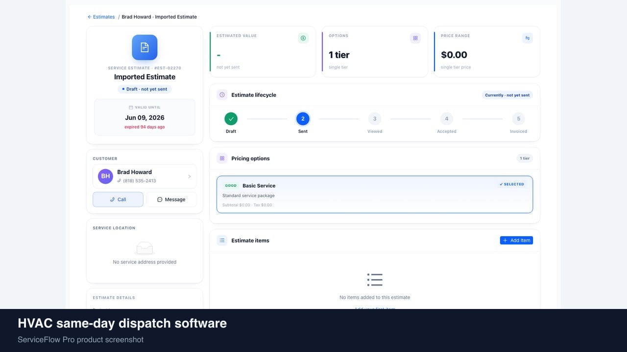HVAC same-day dispatch software in ServiceFlow Pro — a dispatcher at a live job board for HVAC Dispatch