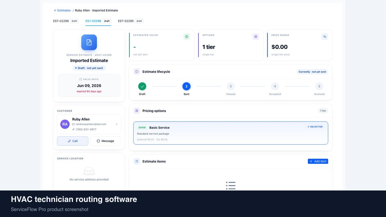 HVAC technician routing software in ServiceFlow Pro — a dispatcher at a live job board for HVAC Dispatch