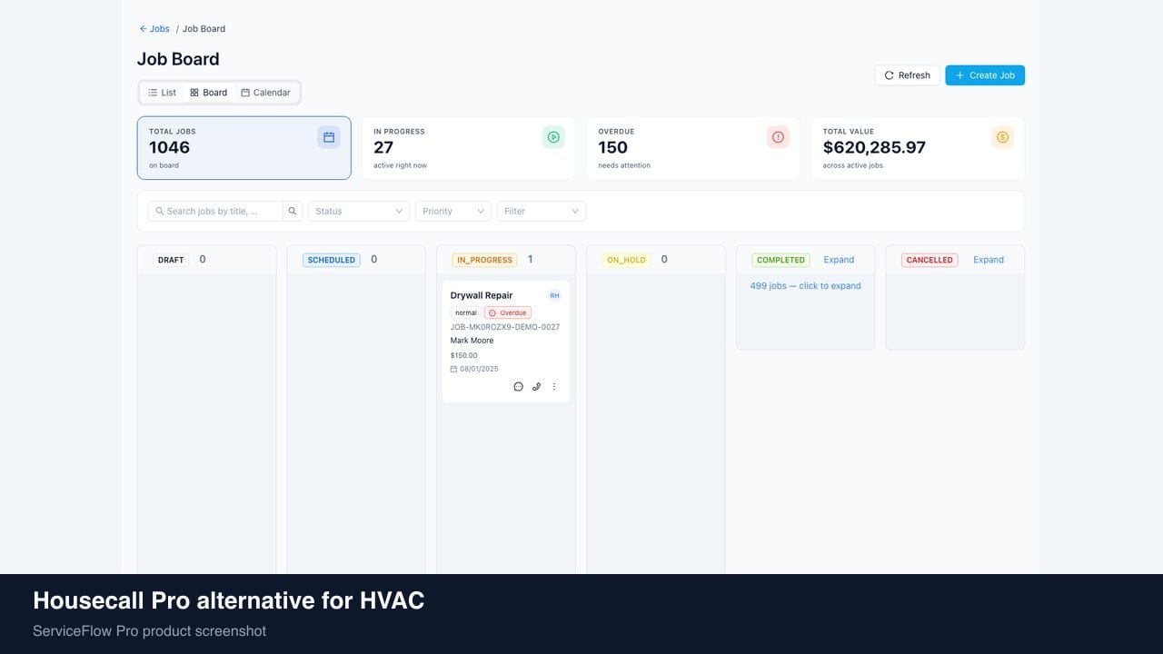 Housecall Pro alternative for HVAC in ServiceFlow Pro — owners comparing field service software options for HVAC Services