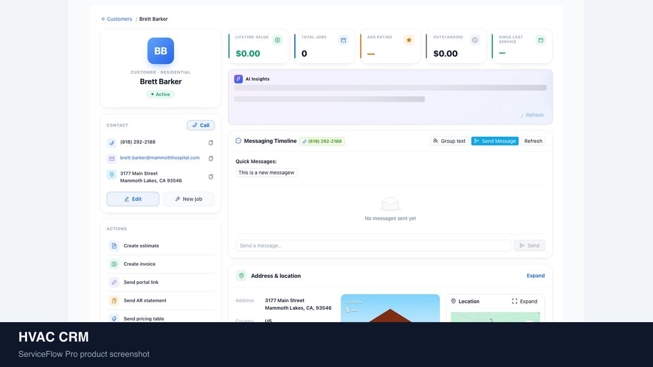 HVAC CRM in ServiceFlow Pro — a homeowner checking job status on a laptop for HVAC Services