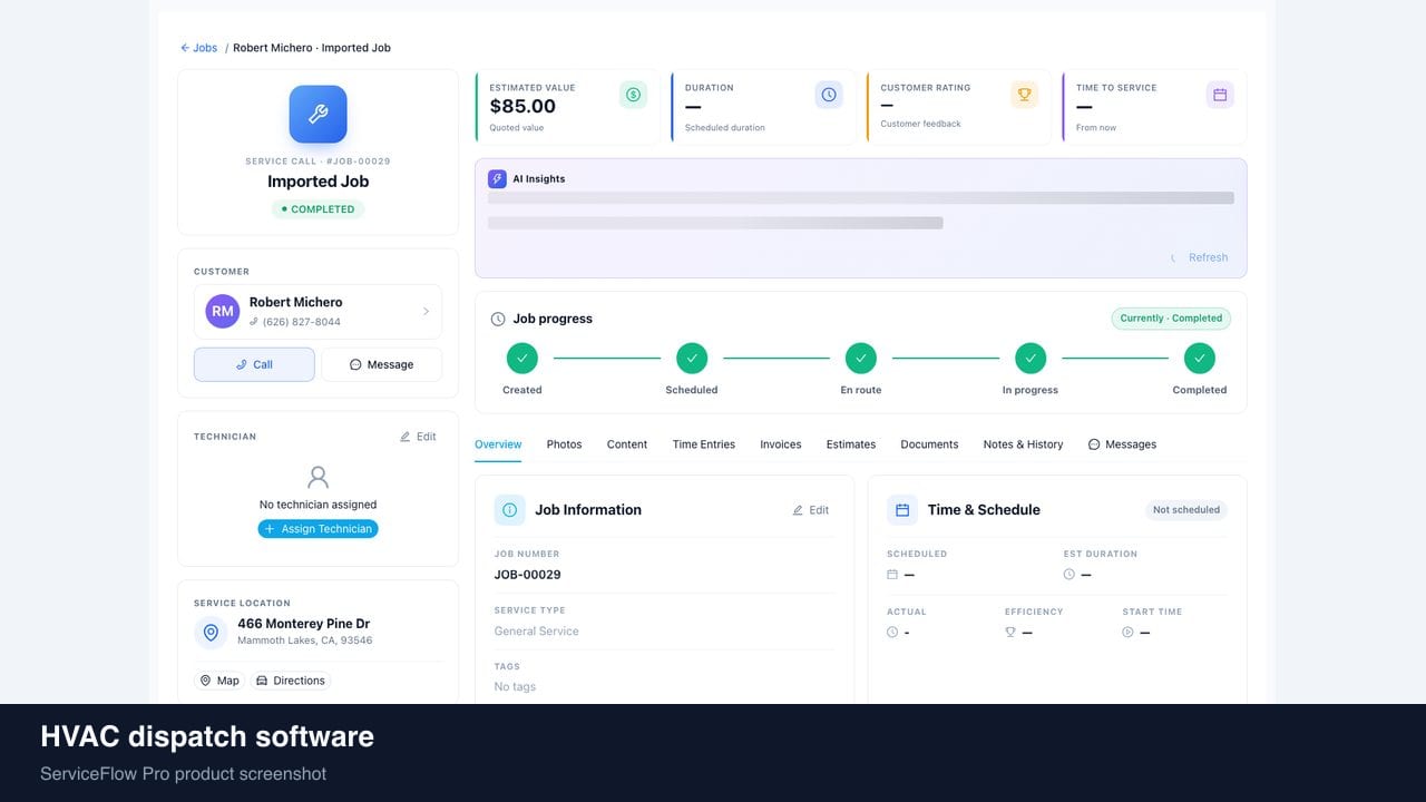 HVAC dispatch software in ServiceFlow Pro — a dispatcher at a live job board for HVAC Services