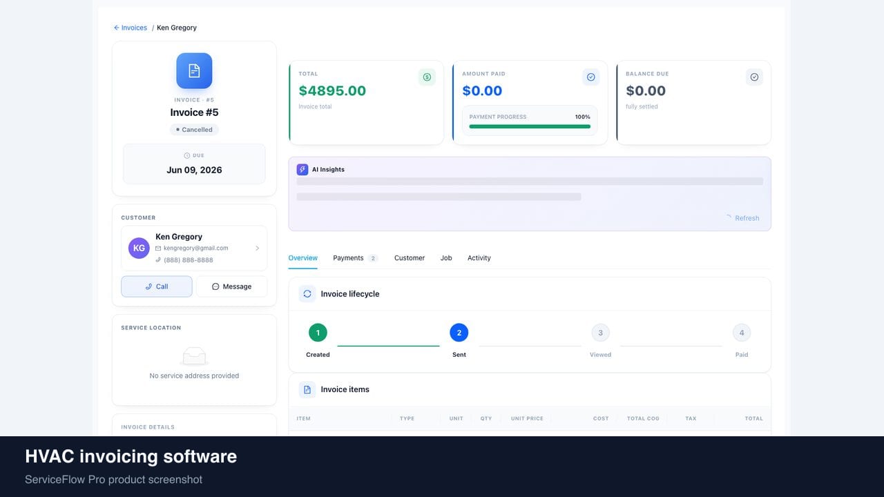 HVAC invoicing software in ServiceFlow Pro — collecting payment on a tablet at the door for HVAC Services