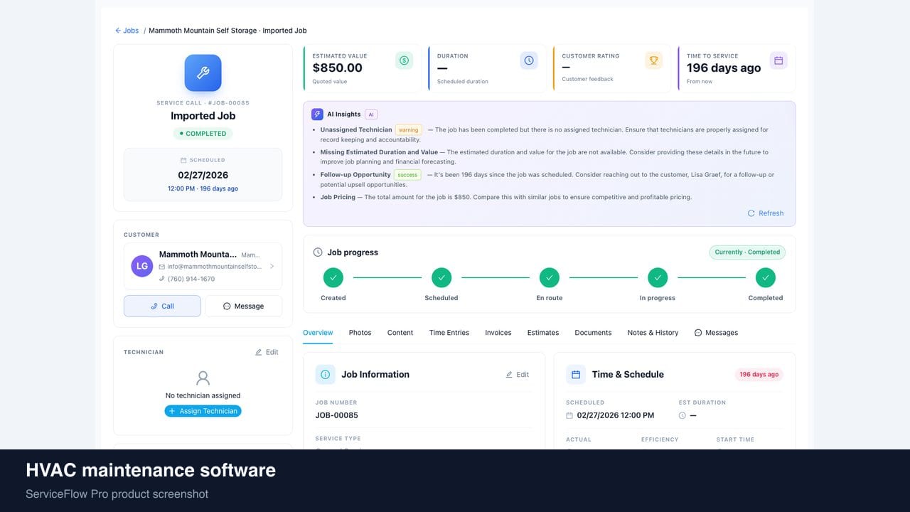 HVAC maintenance software in ServiceFlow Pro — a weekly route calendar on a van dashboard for HVAC Services