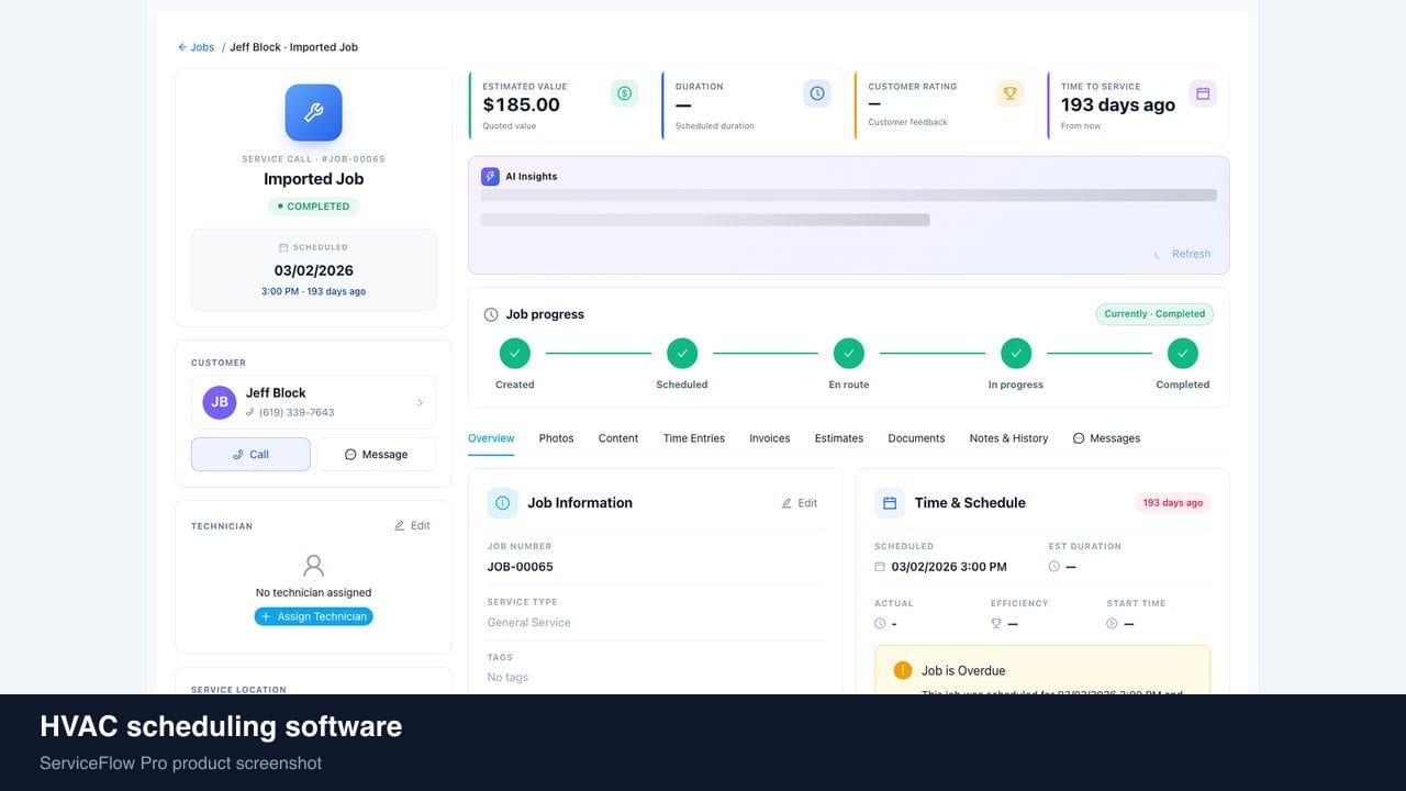 HVAC scheduling software in ServiceFlow Pro — a dispatcher at a live job board for HVAC Services