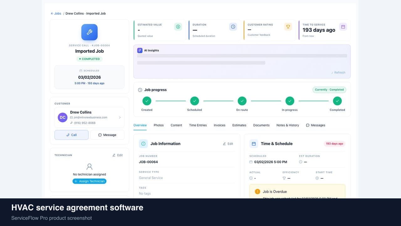 HVAC service agreement software in ServiceFlow Pro — a weekly route calendar on a van dashboard for HVAC Services