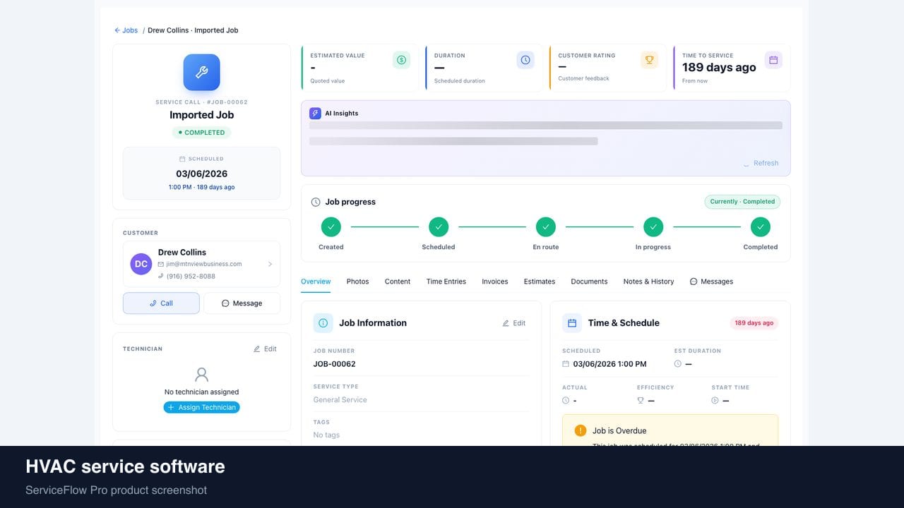 HVAC service software in ServiceFlow Pro — a dispatcher at a live job board for HVAC Services