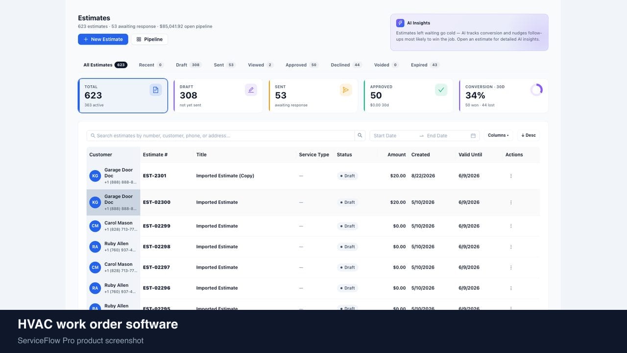 HVAC work order software in ServiceFlow Pro — an ops manager reviewing job analytics for HVAC Services