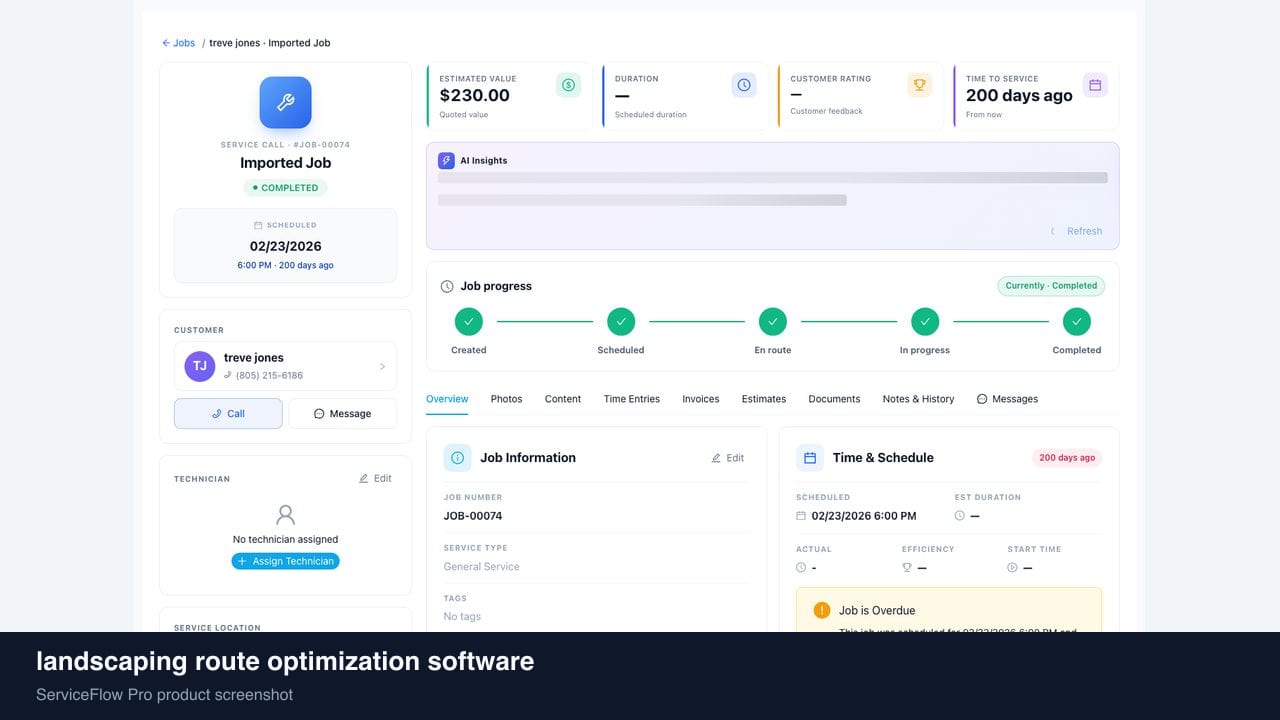 landscaping route optimization software in ServiceFlow Pro — a dispatcher at a live job board for Landscaping & Lawn Care